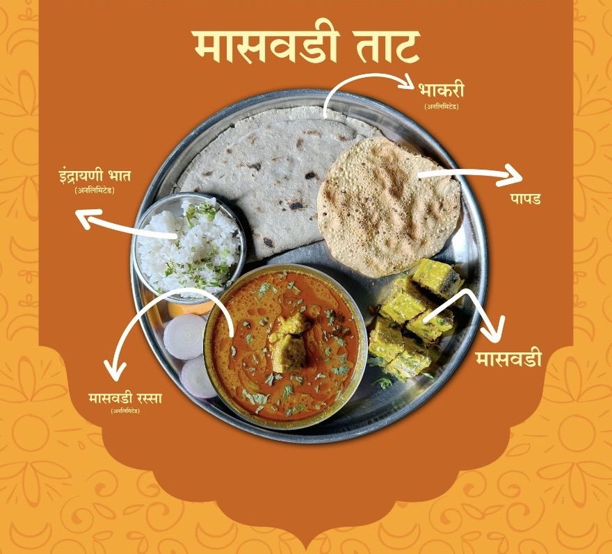 Masvadi Taat – Fish thali with rice, bhakri, papad, fish curry and fish fry